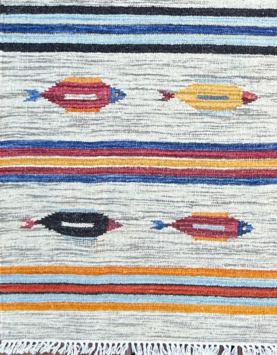 Turkish Kilim 4x6, Fish Design Wool Bohemian Accent Rug, Handmade Anatolian Geometric Flatweave