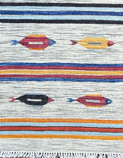 Turkish Kilim 4x6, Fish Design Wool Bohemian Accent Rug, Handmade Anatolian Geometric Flatweave