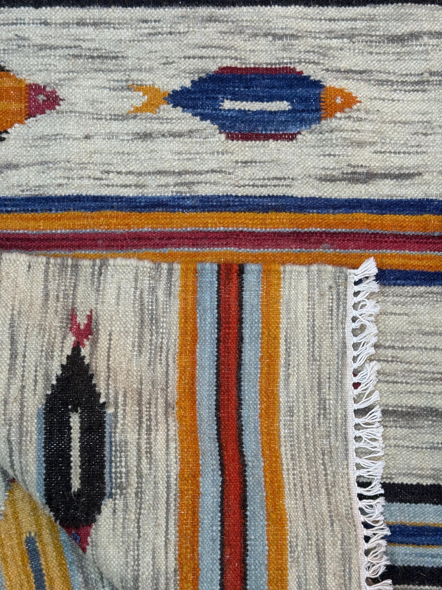 Turkish Kilim 4x6, Fish Design Wool Bohemian Accent Rug, Handmade Anatolian Geometric Flatweave