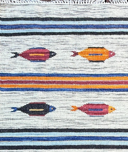 Turkish Kilim 4x6, Fish Design Wool Bohemian Accent Rug, Handmade Anatolian Geometric Flatweave