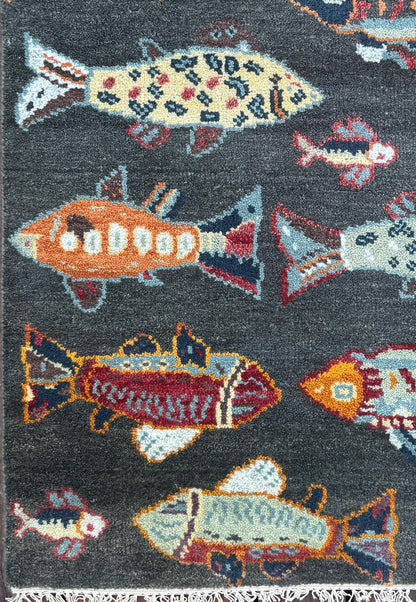 Modern Turkish Fish Design Rug 3x5.1, Hand Knotted Wool Sea Animal Pattern, Bohemian Accent
