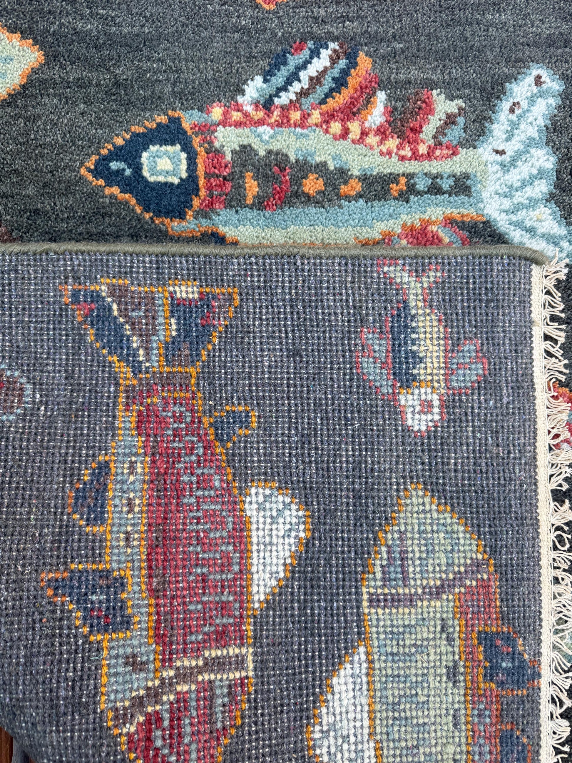 Modern Turkish Fish Design Rug 3x5.1, Hand Knotted Wool Sea Animal Pattern, Bohemian Accent