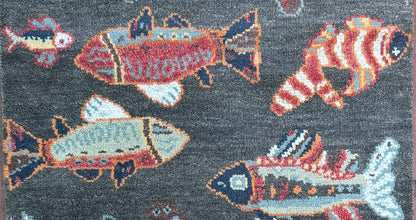 Modern Turkish Fish Design Rug 3x5.1, Hand Knotted Wool Sea Animal Pattern, Bohemian Accent