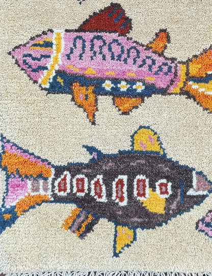 Turkish Fish Design Rug 2x3, Handmade Wool Bohemian Oushak Inspired Accent