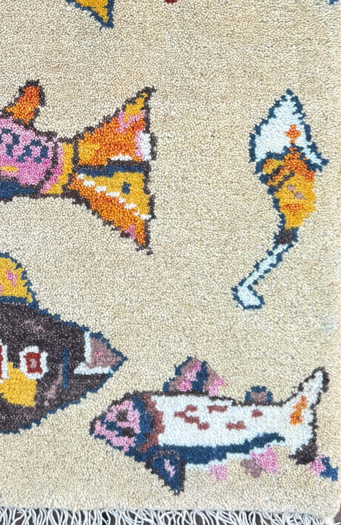 Turkish Fish Design Rug 2x3, Handmade Wool Bohemian Oushak Inspired Accent