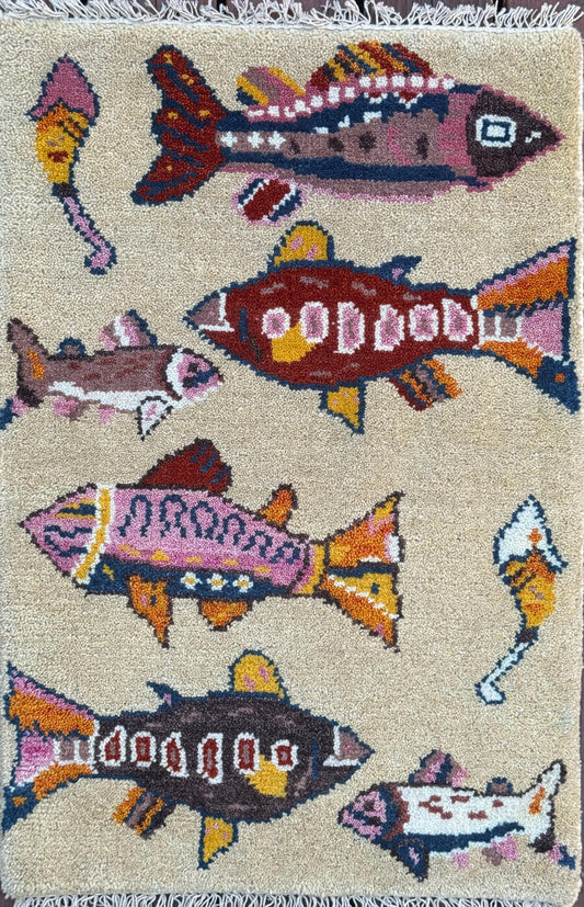 Turkish Fish Design Rug 2x3, Handmade Wool Bohemian Oushak Inspired Accent