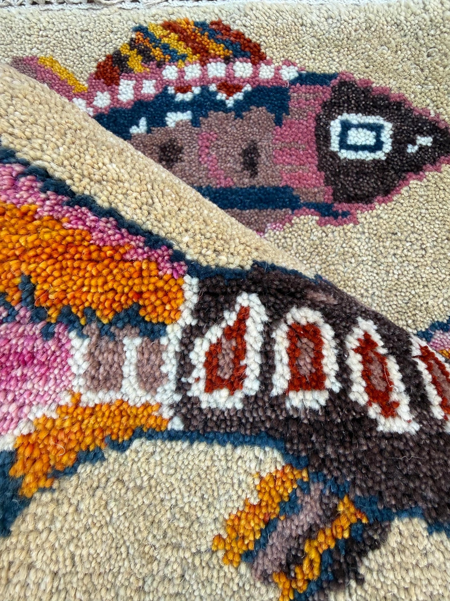 Turkish Fish Design Rug 2x3, Handmade Wool Bohemian Oushak Inspired Accent