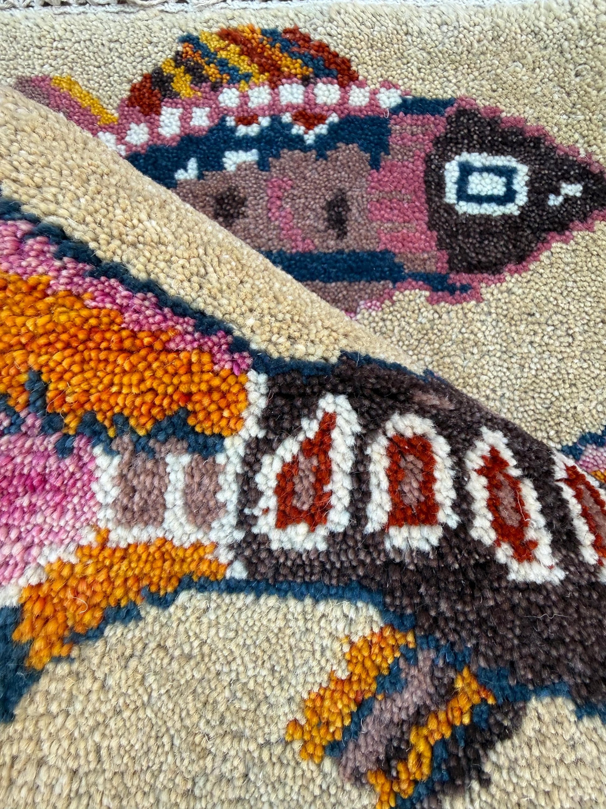 Turkish Fish Design Rug 2x3, Handmade Wool Bohemian Oushak Inspired Accent