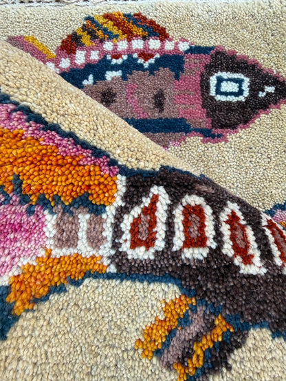 Turkish Fish Design Rug 2x3, Handmade Wool Bohemian Oushak Inspired Accent