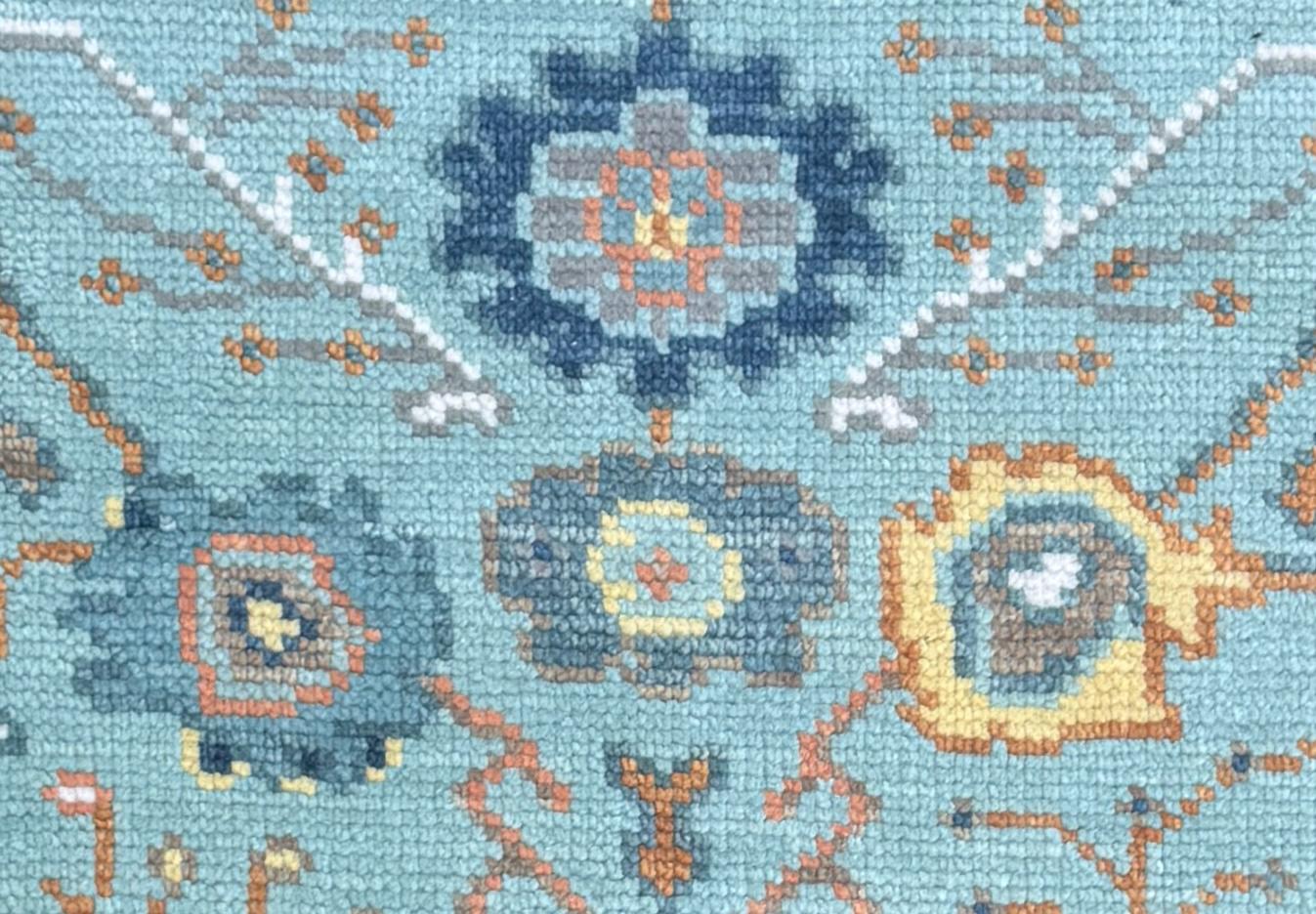 Blue Turkish Oushak Style Rug 3x5, Handmade Wool Geometric Bohemian Accent