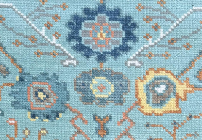 Blue Turkish Oushak Style Rug 3x5, Handmade Wool Geometric Bohemian Accent