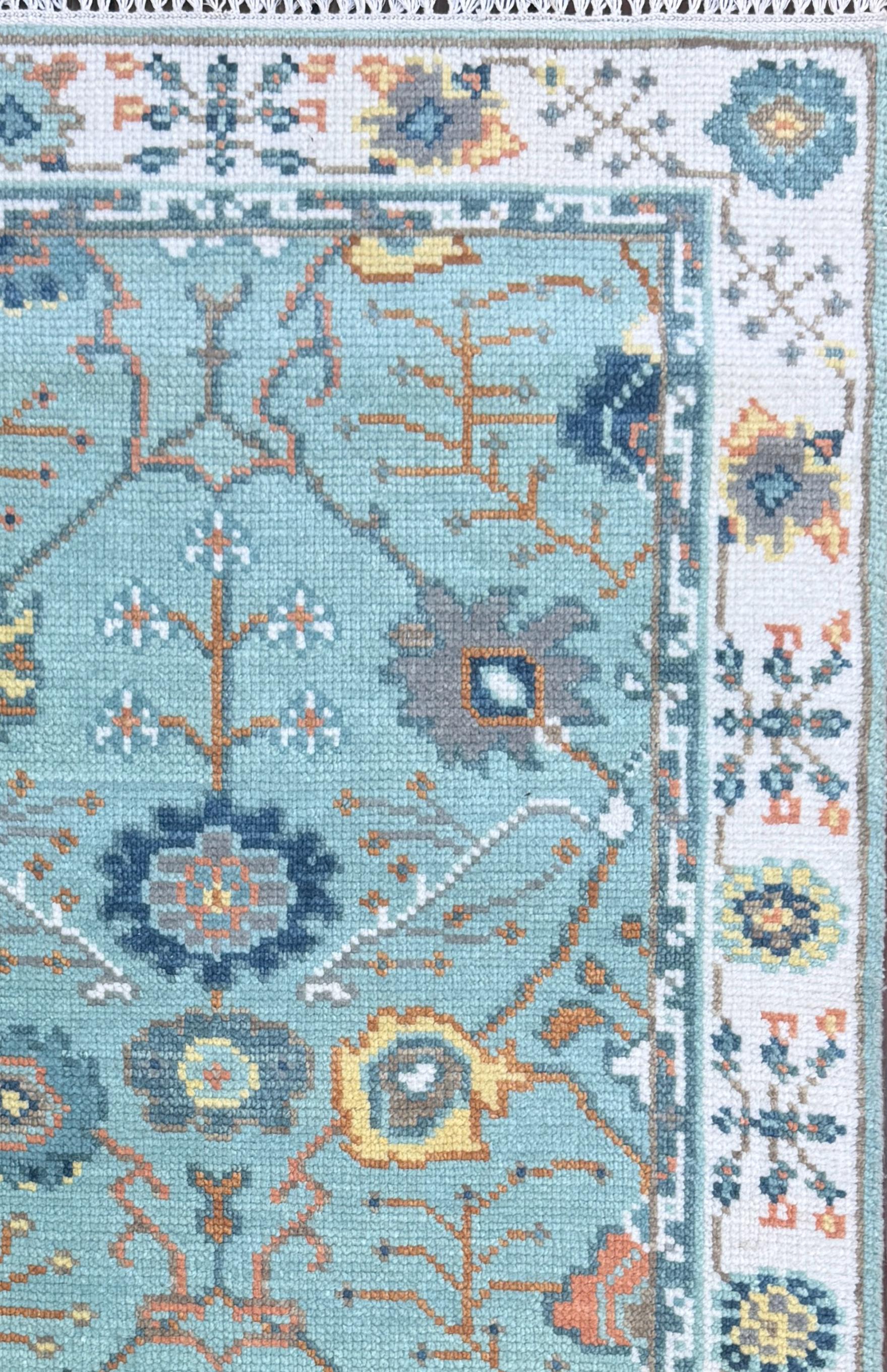 Blue Turkish Oushak Style Rug 3x5, Handmade Wool Geometric Bohemian Accent