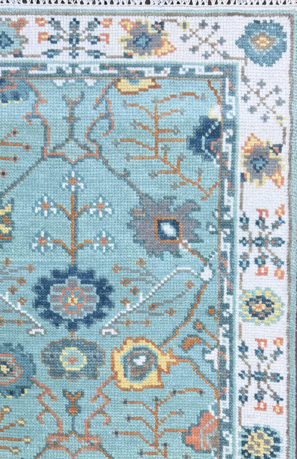 Blue Turkish Oushak Style Rug 3x5, Handmade Wool Geometric Bohemian Accent