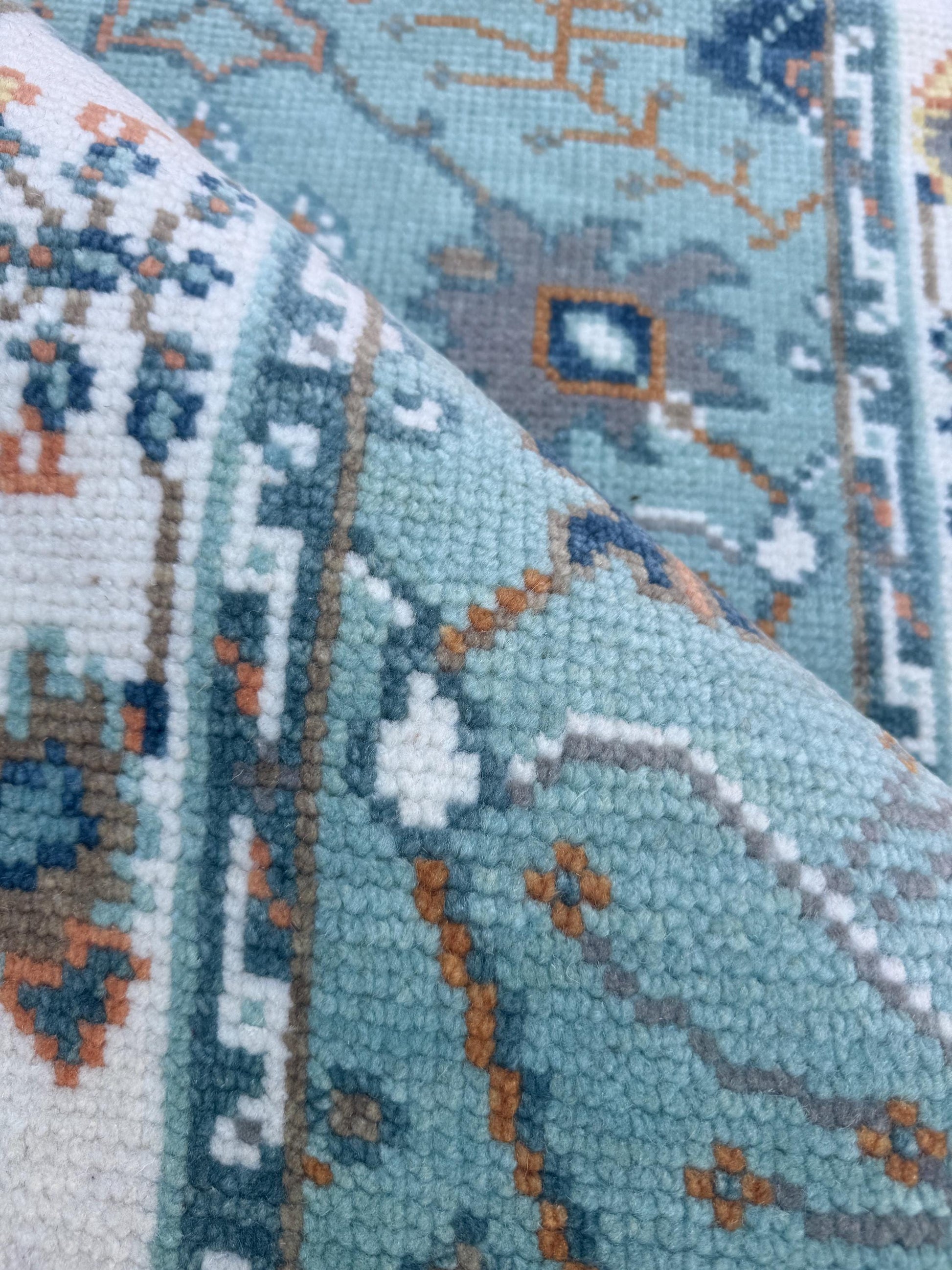 Blue Turkish Oushak Style Rug 3x5, Handmade Wool Geometric Bohemian Accent