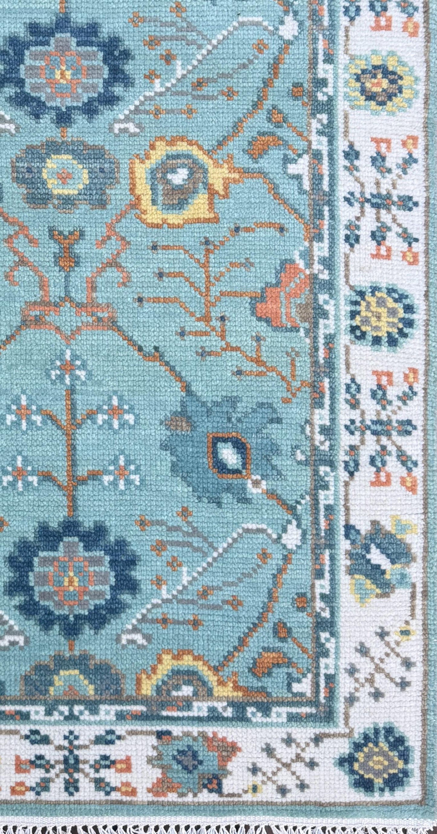 Blue Turkish Oushak Style Rug 3x5, Handmade Wool Geometric Bohemian Accent