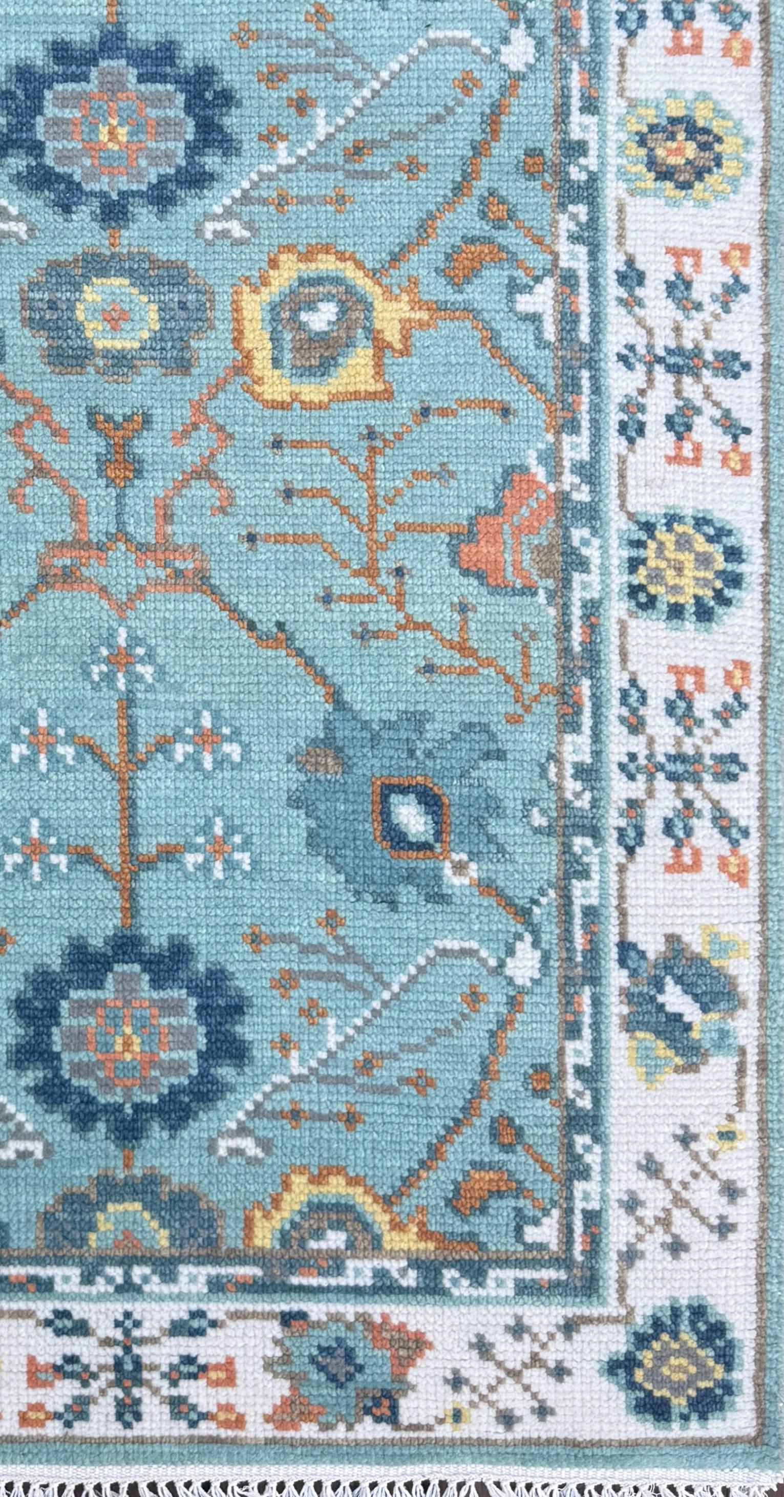 Blue Turkish Oushak Style Rug 3x5, Handmade Wool Geometric Bohemian Accent