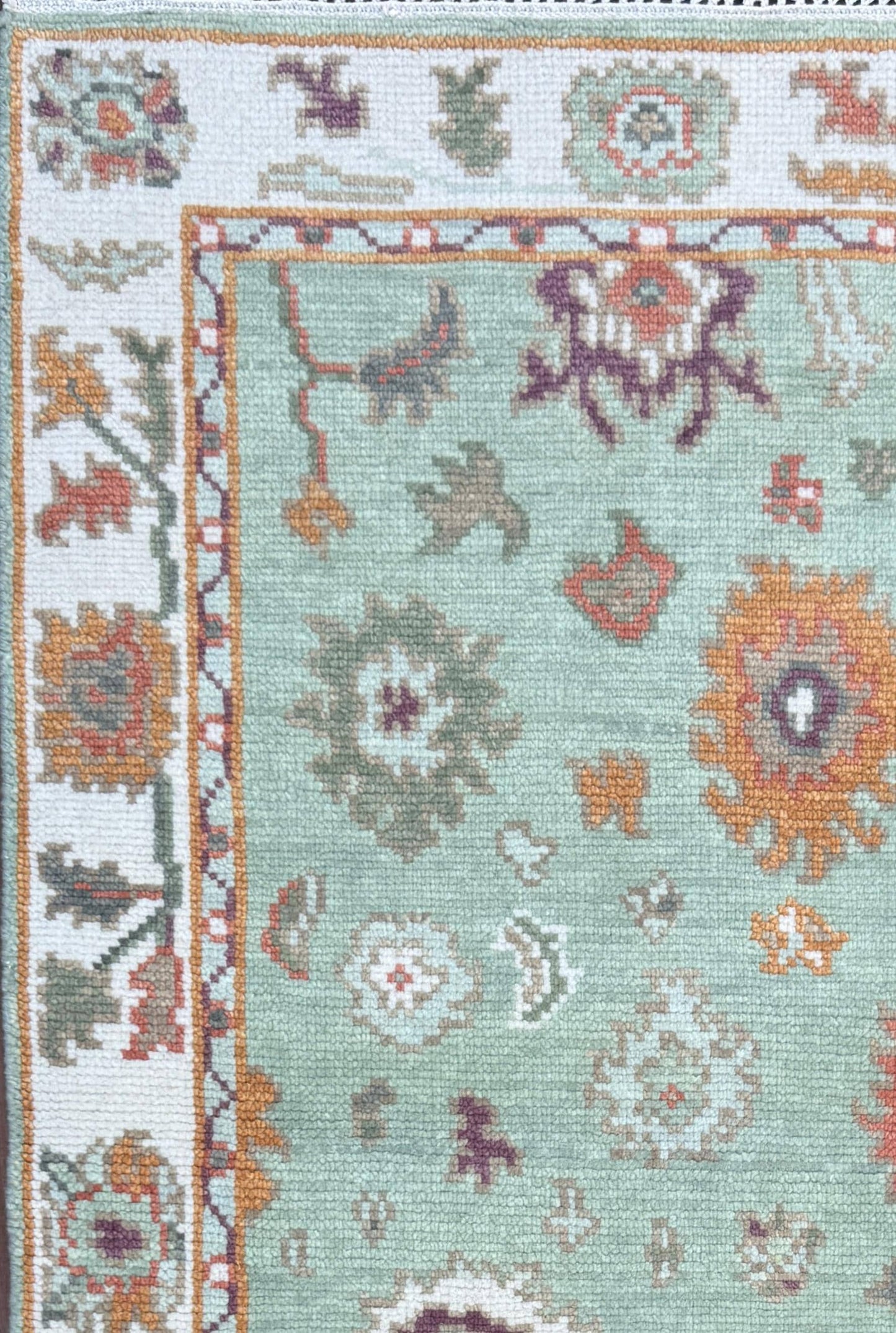 Turkish Oushak Style Rug 3x5, Sage Green Wool Bohemian Accent, Handmade Geometric Design