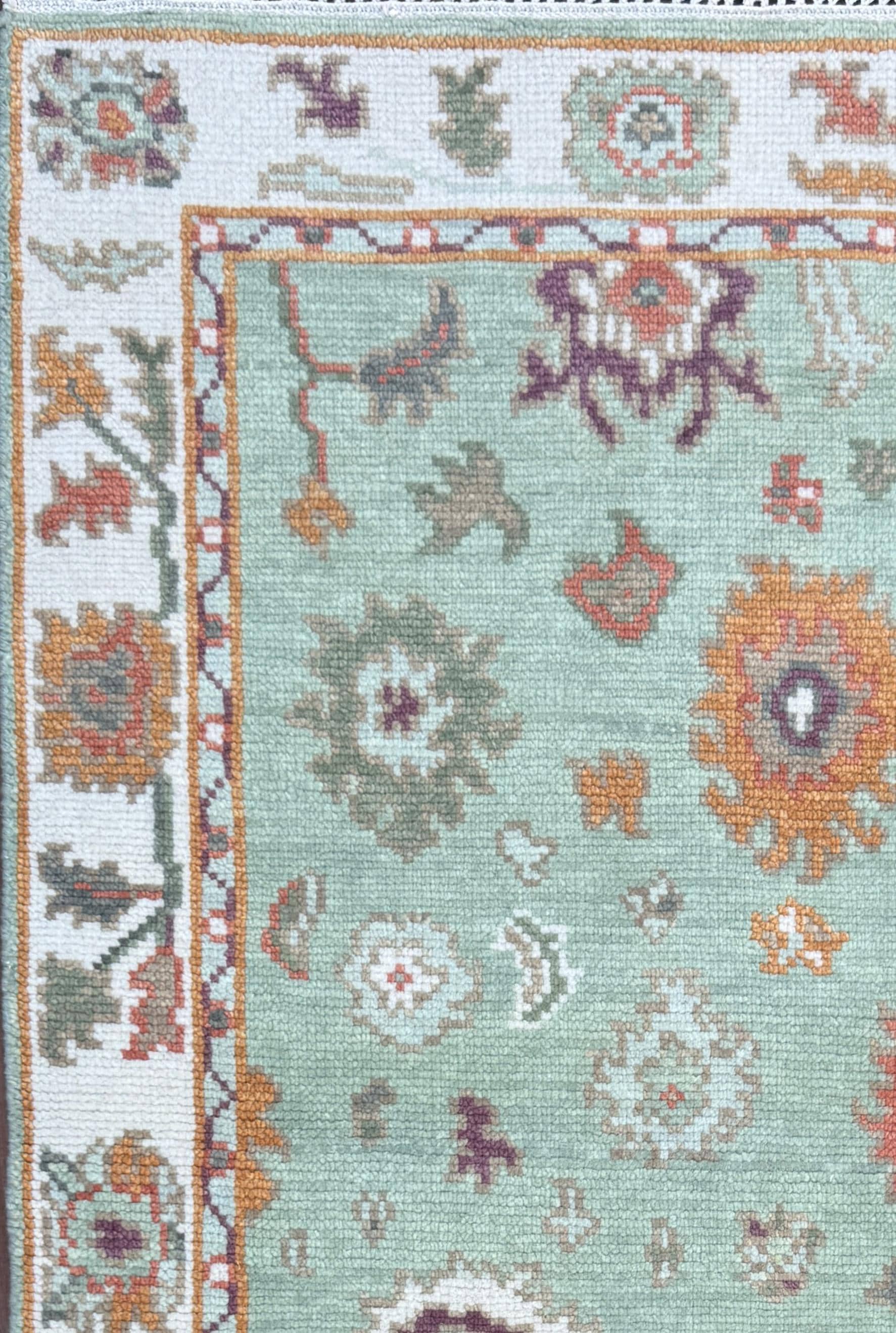 Turkish Oushak Style Rug 3x5, Sage Green Wool Bohemian Accent, Handmade Geometric Design