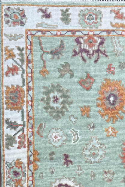 Turkish Oushak Style Rug 3x5, Sage Green Wool Bohemian Accent, Handmade Geometric Design