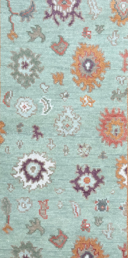 Turkish Oushak Style Rug 3x5, Sage Green Wool Bohemian Accent, Handmade Geometric Design