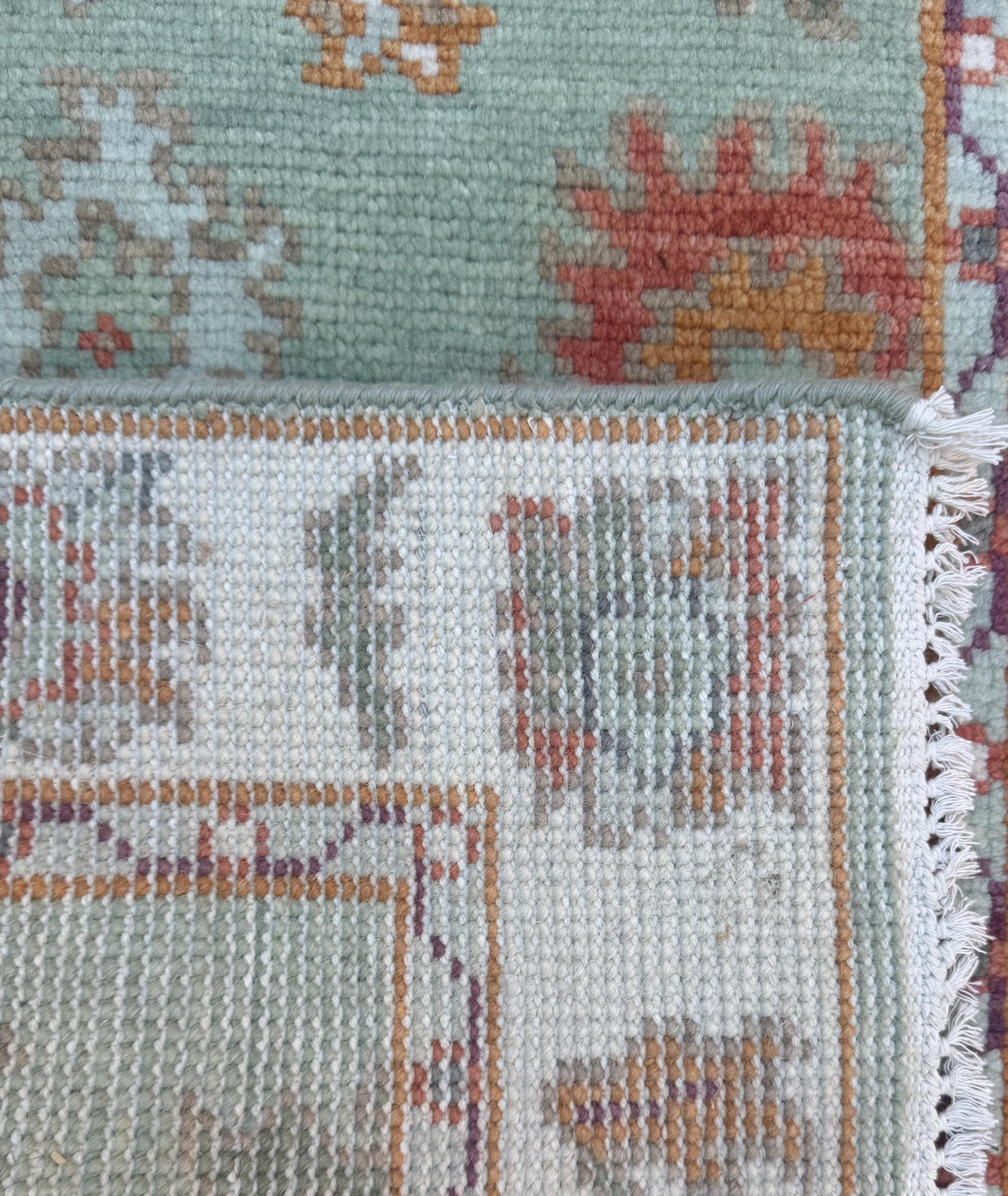 Turkish Oushak Style Rug 3x5, Sage Green Wool Bohemian Accent, Handmade Geometric Design
