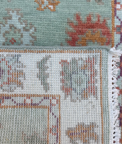Turkish Oushak Style Rug 3x5, Sage Green Wool Bohemian Accent, Handmade Geometric Design
