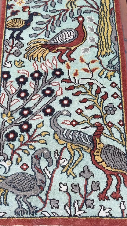 Turkish Oushak Style Runner 2.6x8.1, Tree of Life Bird Design, Handmade Wool Bohemian Accent Rug