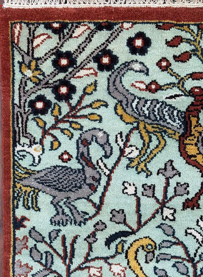 Turkish Oushak Style Runner 2.6x8.1, Tree of Life Bird Design, Handmade Wool Bohemian Accent Rug