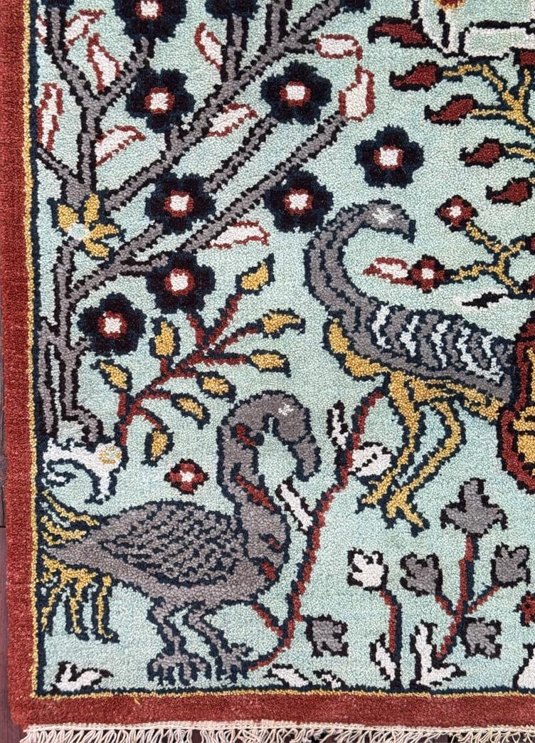 Turkish Oushak Style Runner 2.6x8.1, Tree of Life Bird Design, Handmade Wool Bohemian Accent Rug