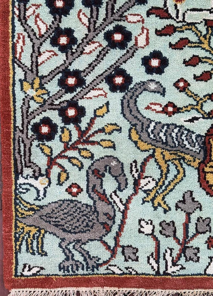 Turkish Oushak Style Runner 2.6x8.1, Tree of Life Bird Design, Handmade Wool Bohemian Accent Rug