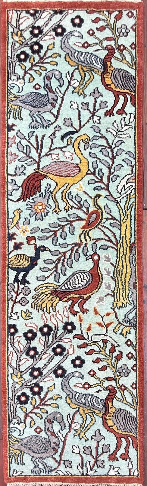 Turkish Oushak Style Runner 2.6x8.1, Tree of Life Bird Design, Handmade Wool Bohemian Accent Rug
