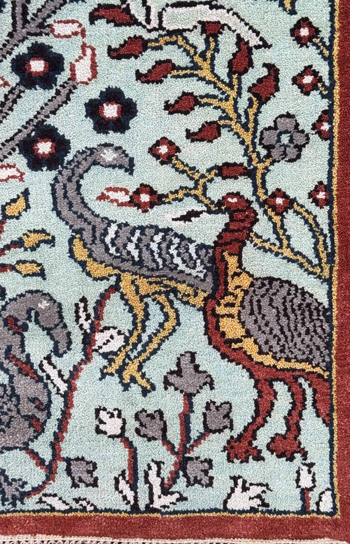 Turkish Oushak Style Runner 2.6x8.1, Tree of Life Bird Design, Handmade Wool Bohemian Accent Rug