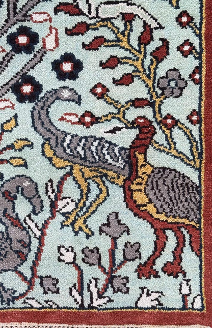 Turkish Oushak Style Runner 2.6x8.1, Tree of Life Bird Design, Handmade Wool Bohemian Accent Rug