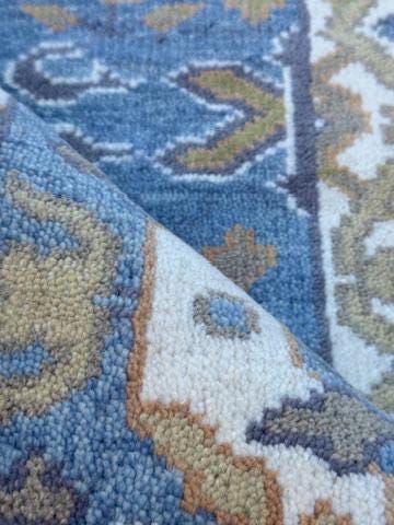Turkish Oushak Style Runner 2.6x10, Blue Wool Bohemian Hallway Rug, Handmade Geometric Design