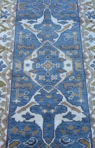 Turkish Oushak Style Runner 2.6x10, Blue Wool Bohemian Hallway Rug, Handmade Geometric Design
