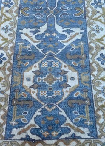 Turkish Oushak Style Runner 2.6x10, Blue Wool Bohemian Hallway Rug, Handmade Geometric Design
