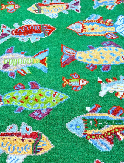 Turkish Fish Runner 2.5x8, Green Wool Sea Animal Design, Handmade Bohemian Hallway Rug