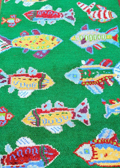 Turkish Fish Runner 2.5x8, Green Wool Sea Animal Design, Handmade Bohemian Hallway Rug