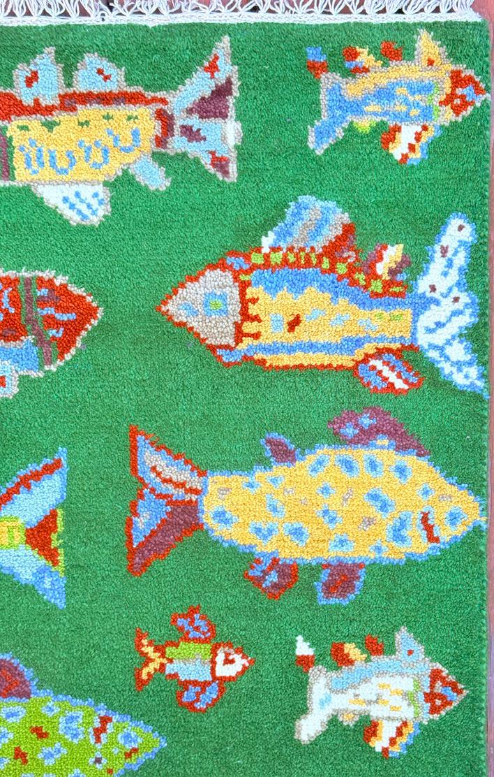 Turkish Fish Runner 2.5x8, Green Wool Sea Animal Design, Handmade Bohemian Hallway Rug