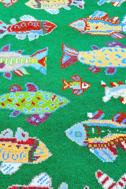 Turkish Fish Runner 2.5x8, Green Wool Sea Animal Design, Handmade Bohemian Hallway Rug