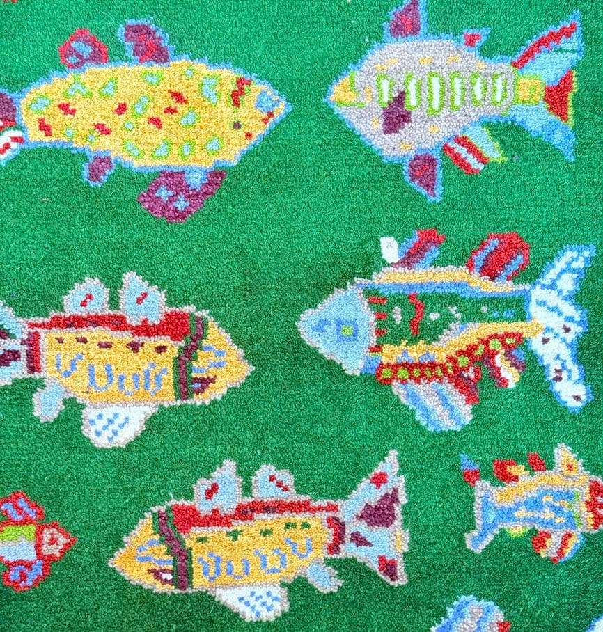 Turkish Fish Runner 2.5x8, Green Wool Sea Animal Design, Handmade Bohemian Hallway Rug