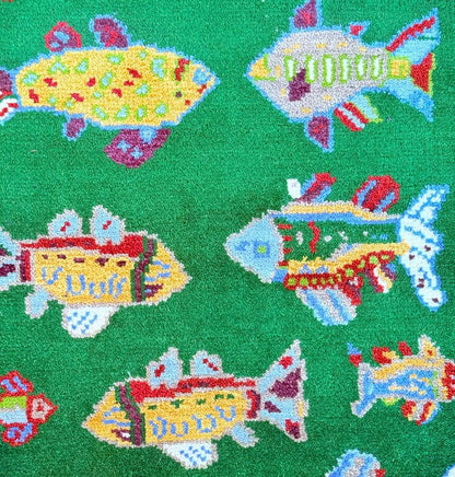 Turkish Fish Runner 2.5x8, Green Wool Sea Animal Design, Handmade Bohemian Hallway Rug