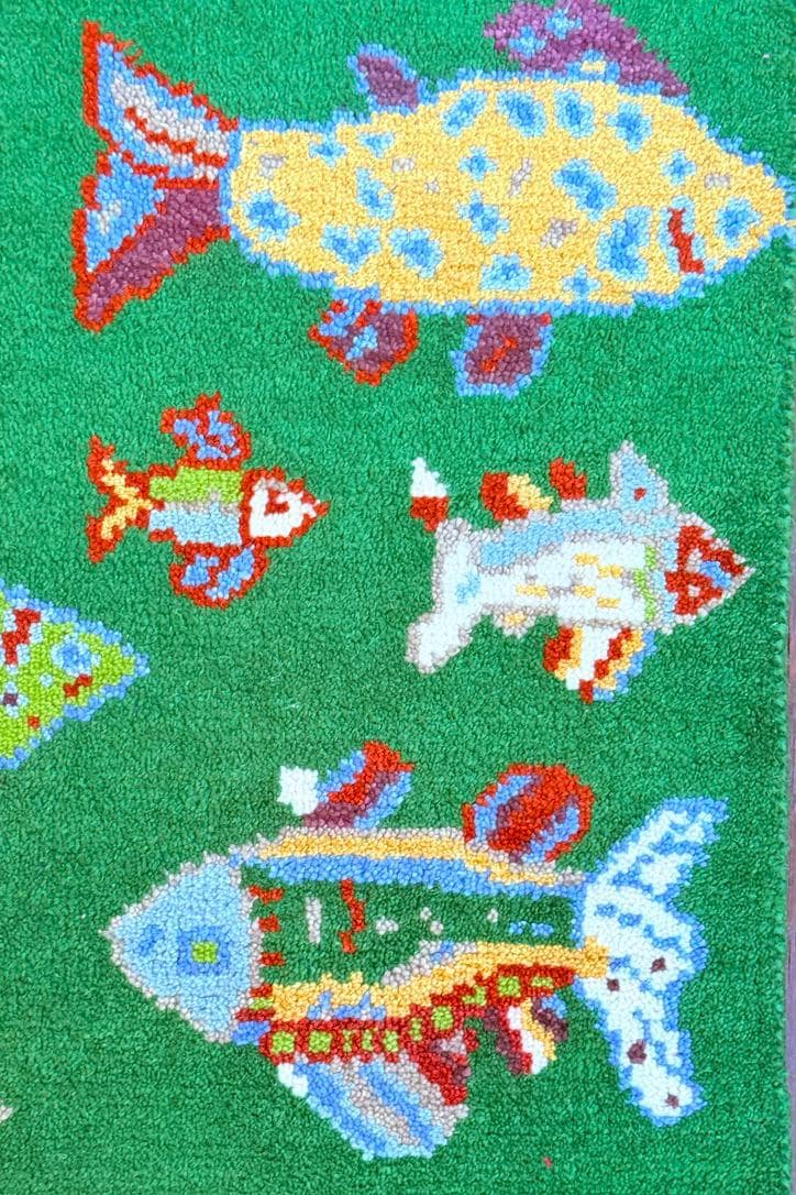 Turkish Fish Runner 2.5x8, Green Wool Sea Animal Design, Handmade Bohemian Hallway Rug