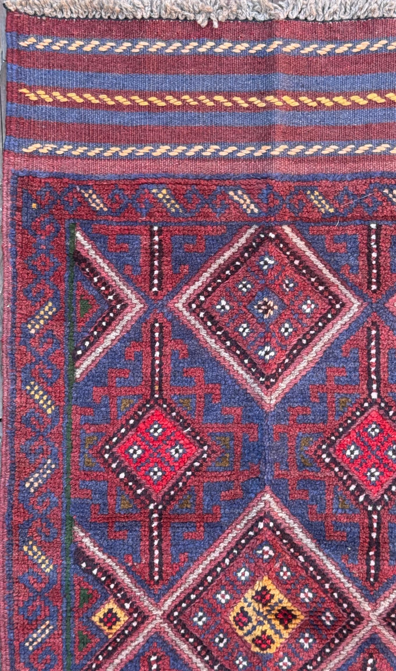Afghan Mashwani Kilim Runner 2x8, Handmade Wool Tribal Diamond Hallway Rug