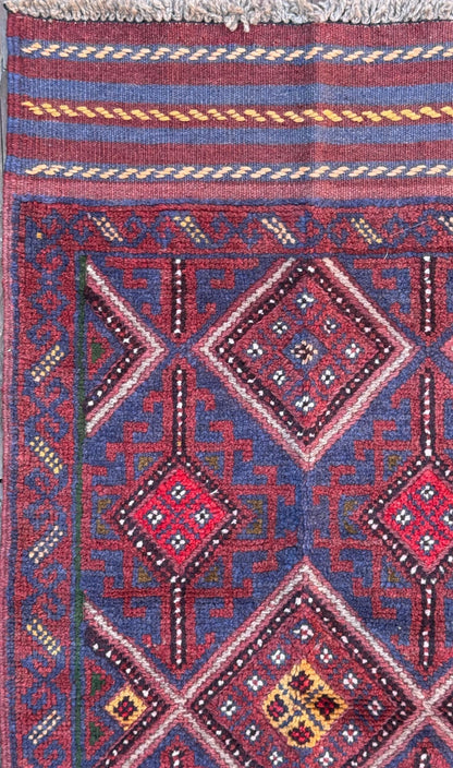 Afghan Mashwani Kilim Runner 2x8, Handmade Wool Tribal Diamond Hallway Rug