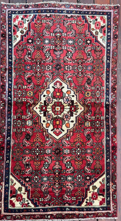 Vintage Turkish Rug 3.6x6.2, 1980s Anatolian Geometric Medallion Wool Village Rug