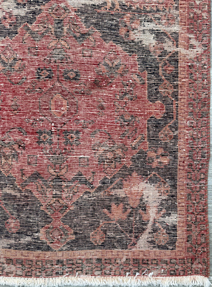 Vintage 4x5 ft – Distressed Wool Rug with Birds, Tribal Medallion, Navy Red Handmade Area Rug 1960s