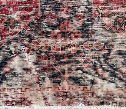 Vintage 4x5 ft – Distressed Wool Rug with Birds, Tribal Medallion, Navy Red Handmade Area Rug 1960s