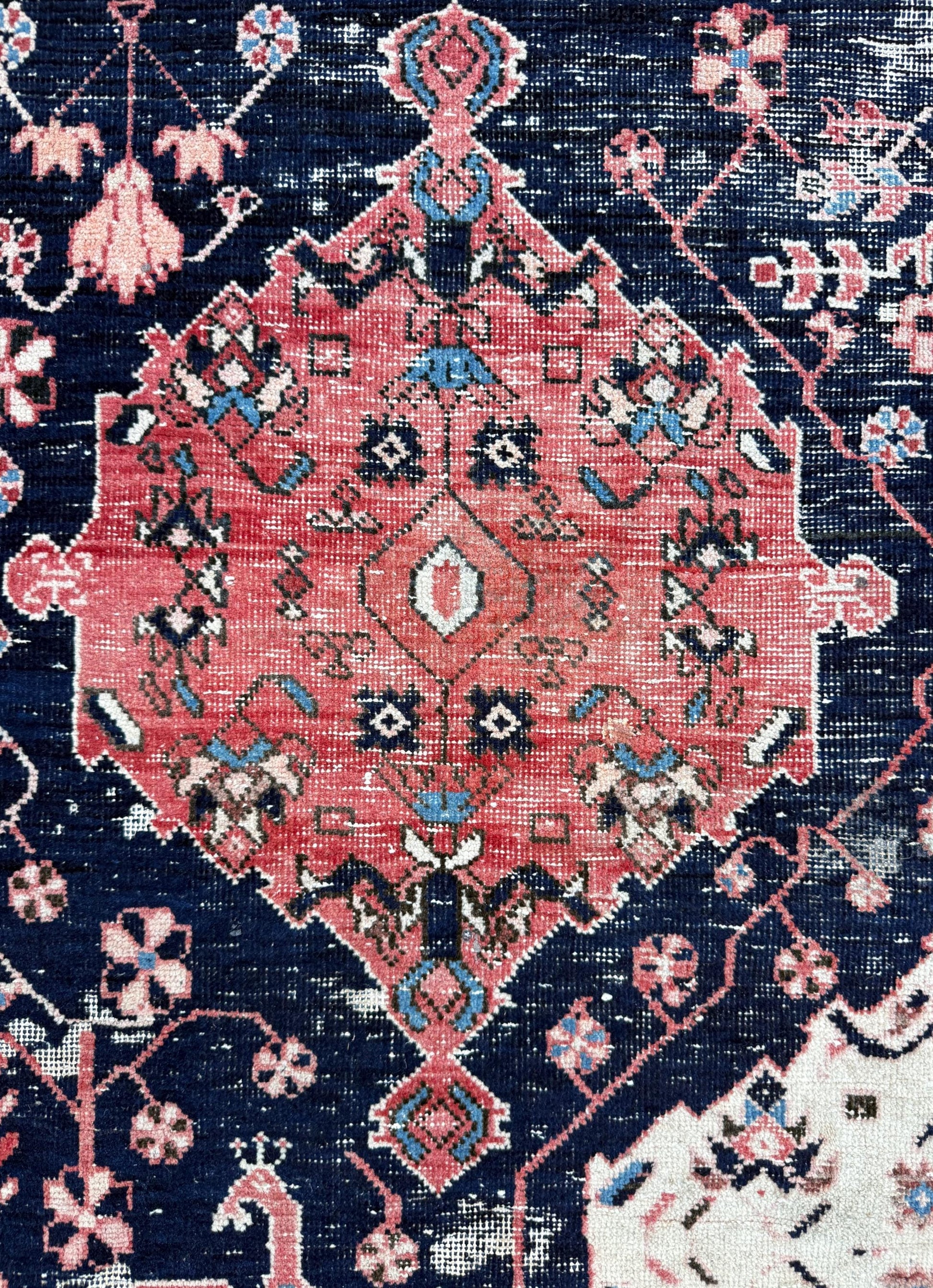 Vintage 4x5 ft – Distressed Wool Rug with Birds, Tribal Medallion, Navy Red Handmade Area Rug 1960s