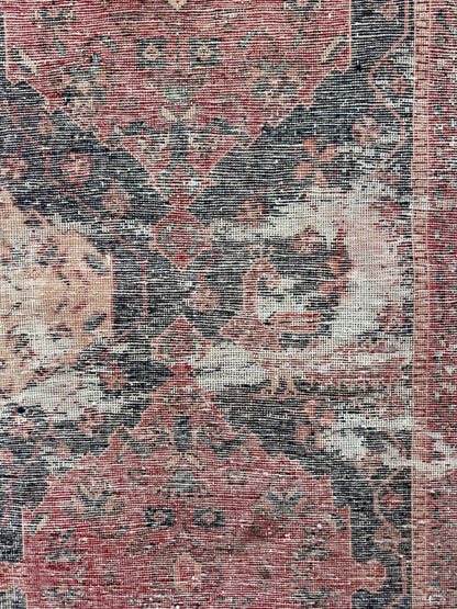 Vintage 4x5 ft – Distressed Wool Rug with Birds, Tribal Medallion, Navy Red Handmade Area Rug 1960s